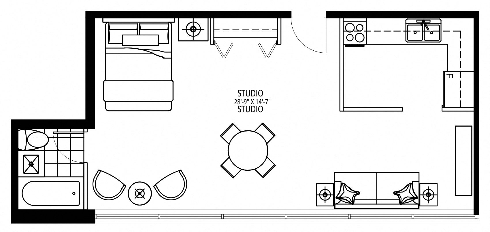 Floor plan for studio, 1 bath, 500 sqft